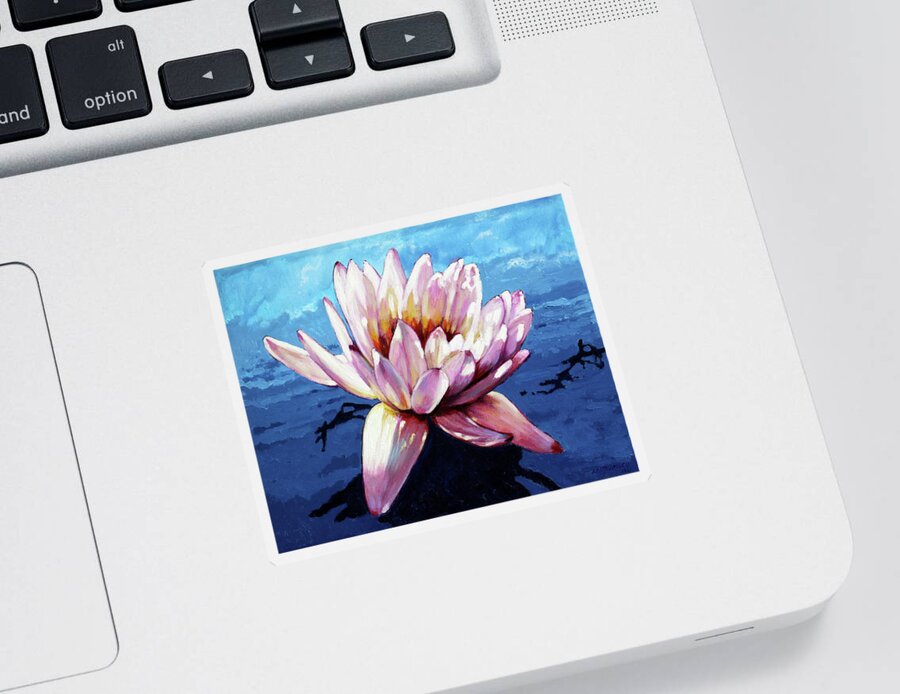 Water Lily Sticker featuring the painting Pink on Blue #1 by John Lautermilch