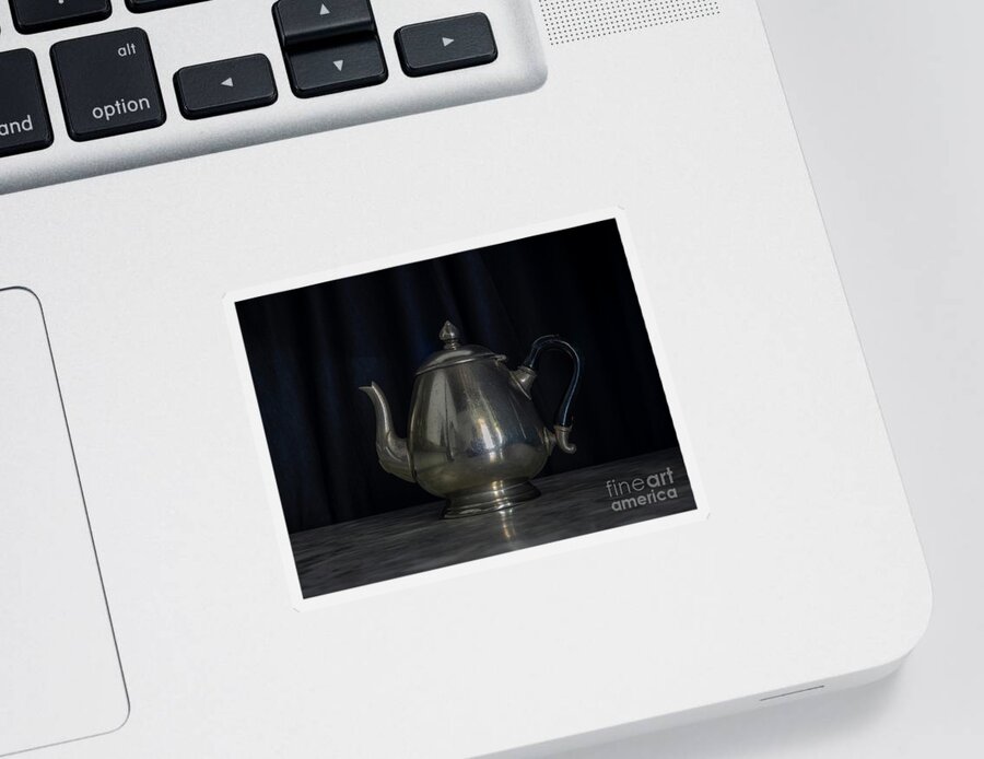 Past Sticker featuring the photograph Silver and Brass Teapots Black Background Marble Table by Pablo Avanzini