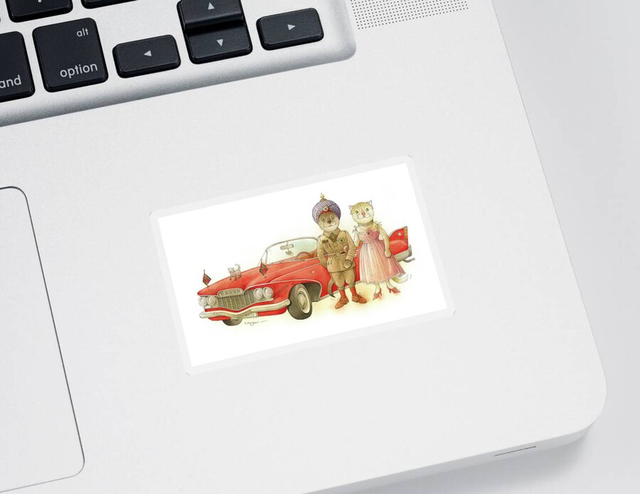 Cat Cats Car Crime Detective Investigation Party Dinner Red Classy Redcar Plymouth Celebrities Watercolor Illustration Sticker featuring the drawing The Missing Picture17 by Kestutis Kasparavicius