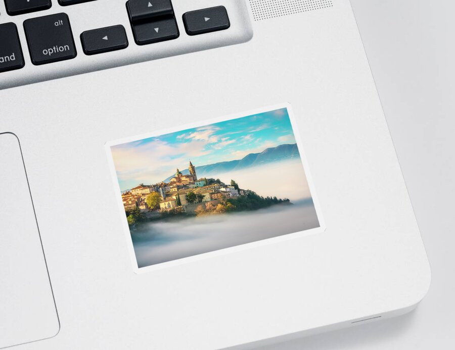 Trevi Sticker featuring the photograph Trevi picturesque village in a foggy morning. Perugia, Umbria, I by Stefano Orazzini