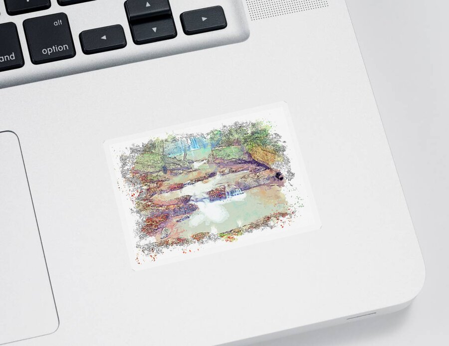 Waterfall And Creek Sticker featuring the digital art Waterfall and creek, watercolor, ca 2020 by Ahmet Asar #1 by Celestial Images