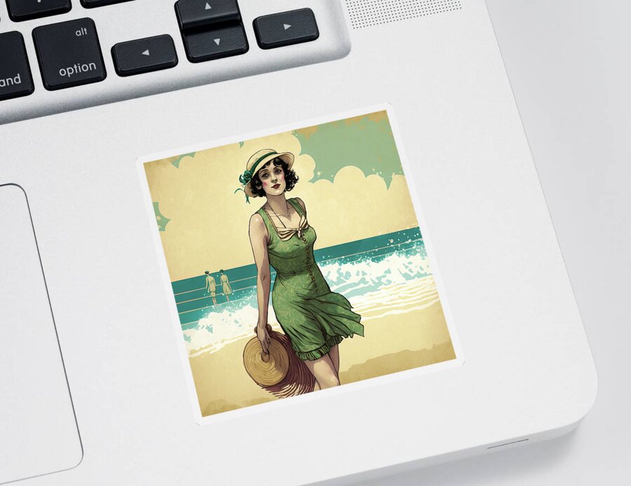 Flapper Sticker featuring the digital art 1920s Flapper Woman at the Beach 01 by Matthias Hauser