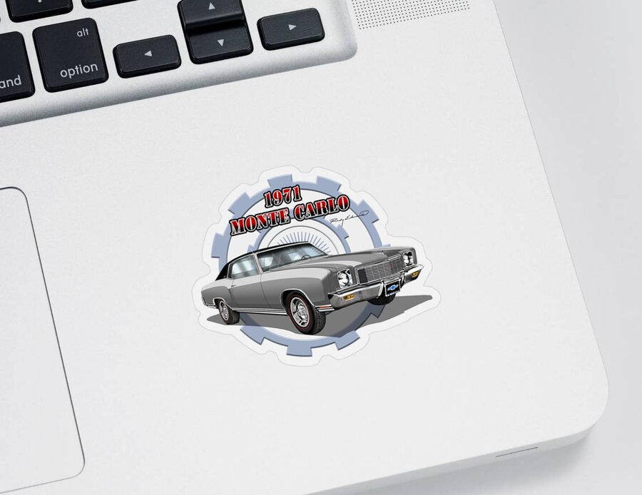 1971 Monte Carlo With Vinyl Top Muscle Car Art Print Silver Sticker featuring the drawing 1971 Monte Carlo With Vinyl Top Muscle Car Art Print Silver by Rudy Edwards