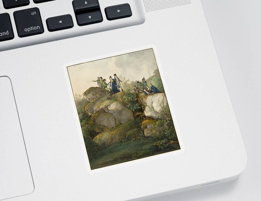 Johann Georg Von Dillis Sticker featuring the drawing A Royal Party Admiring the Sunset atop the Hesselberg Mountain by Johann Georg von Dillis