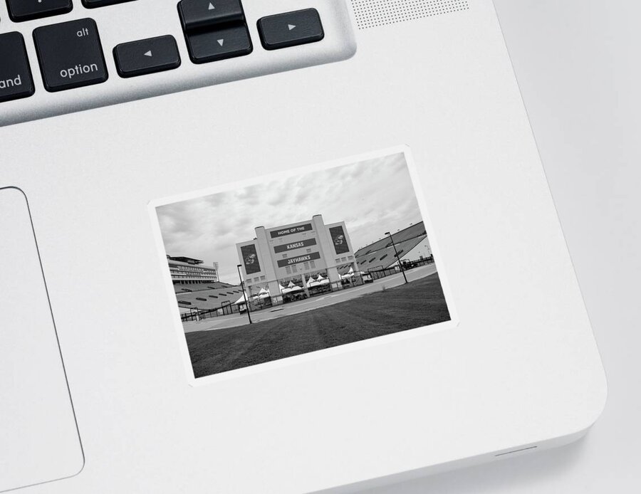 Kansas Jayhawks Stadium Sticker featuring the photograph Kansas Jayhawks football stadium in black and white by Eldon McGraw