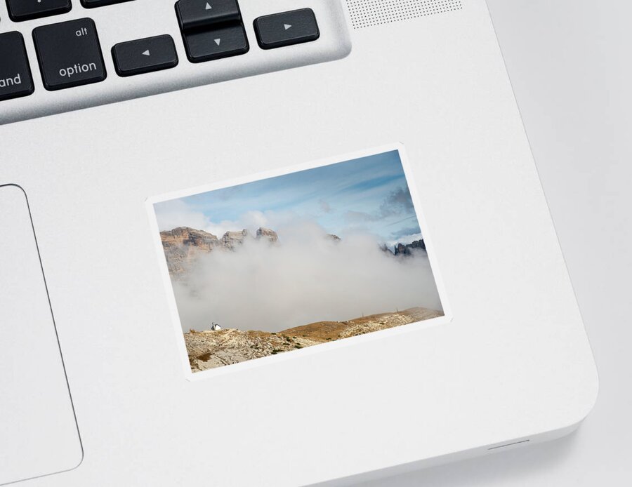 Tre Cime Sticker featuring the photograph Mountain landscape with fog in autumn. Tre Cime dolomiti Italy. by Michalakis Ppalis