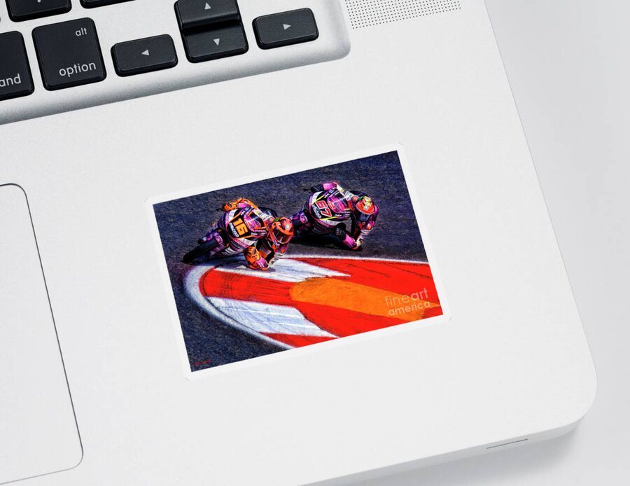  Sticker featuring the photograph 2021 Moto3 Rivacold Snipers Team Andrea Migno Leads Alberto Surra by Blake Richards