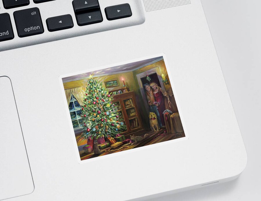 Christmas Sticker featuring the painting A Christmas Story by Nancy Griswold
