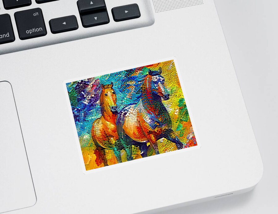 Horse Walking Sticker featuring the digital art A couple of horses walking - colorful mosaic by Nicko Prints