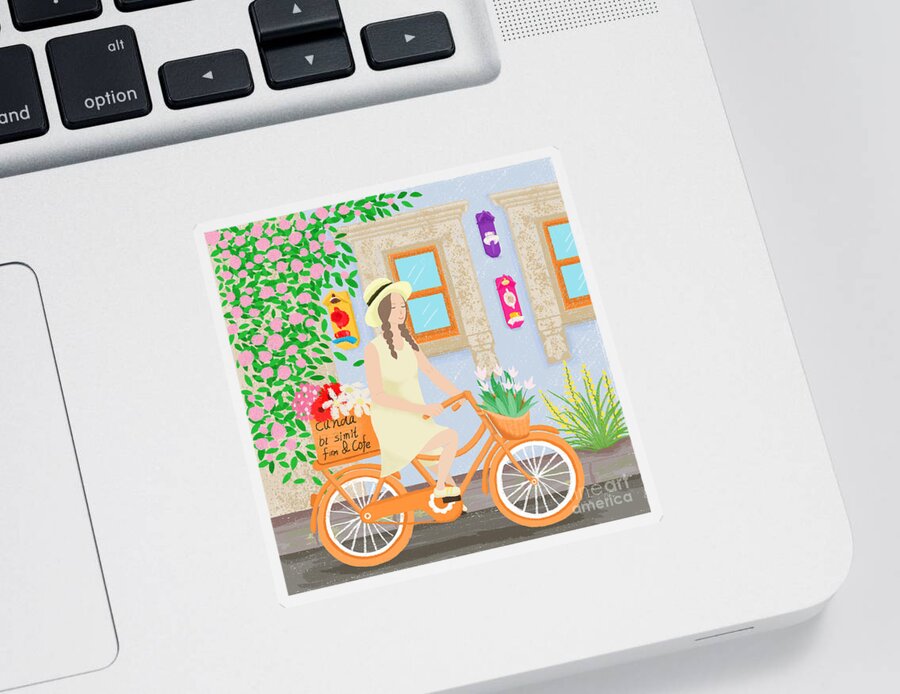 Girl Sticker featuring the drawing A girl on a bicycle by Min Fen Zhu