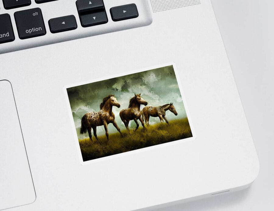 Appaloosa Sticker featuring the digital art A group of appaloosa horses on pasture - digital painting by Nicko Prints