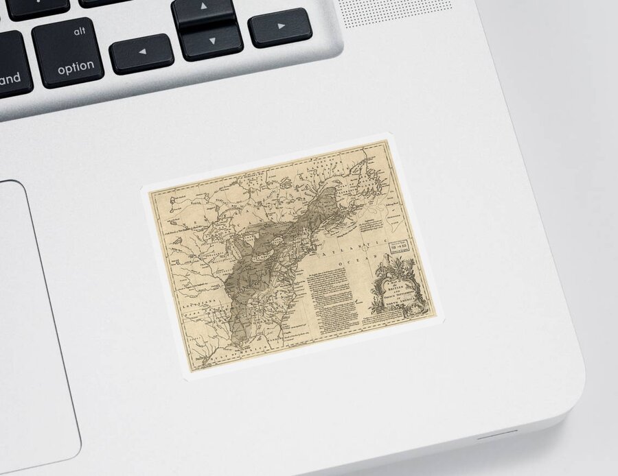 Map Sticker featuring the painting A map of the British and French settlements in North America. LOC 74693889 by MotionAge Designs