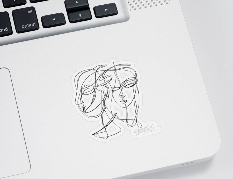 Sketch Sticker featuring the digital art A one-line abstract drawing depicting two faces in a symbiotic relationship by OLena Art