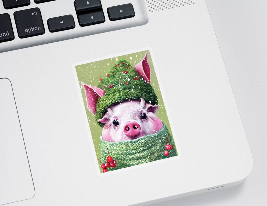 Pink Pig Sticker featuring the digital art A Piglet Wearing His Pig Hat by Tina LeCour