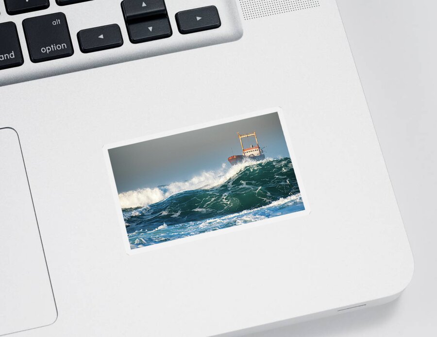 Shipwreck Sticker featuring the photograph Abandoned ship in the stormy ocean by Michalakis Ppalis