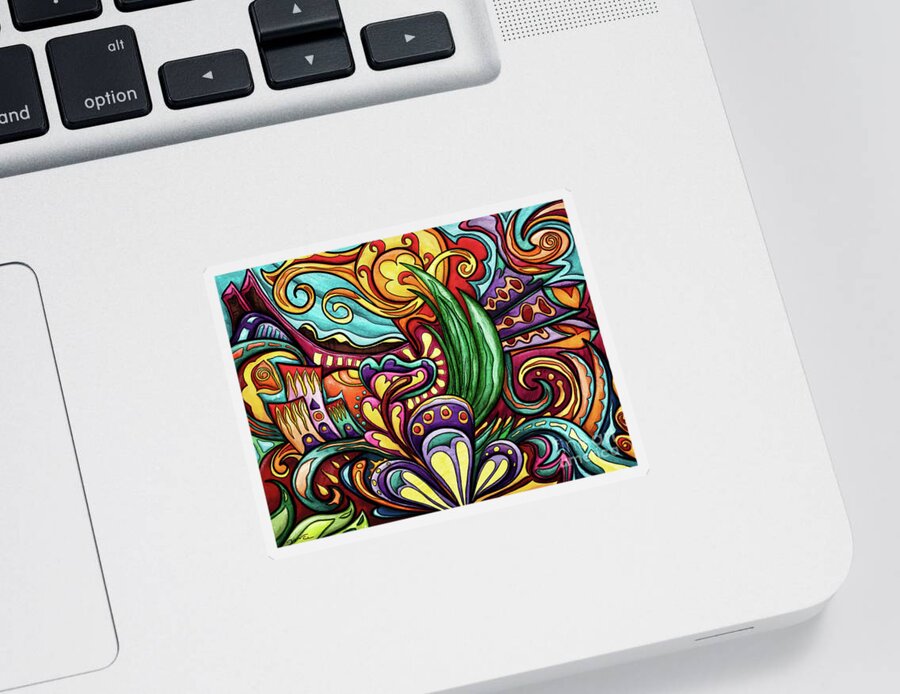Colorful Abstract Sticker featuring the painting Abstract city landscape, colorful hippie by Nadia CHEVREL