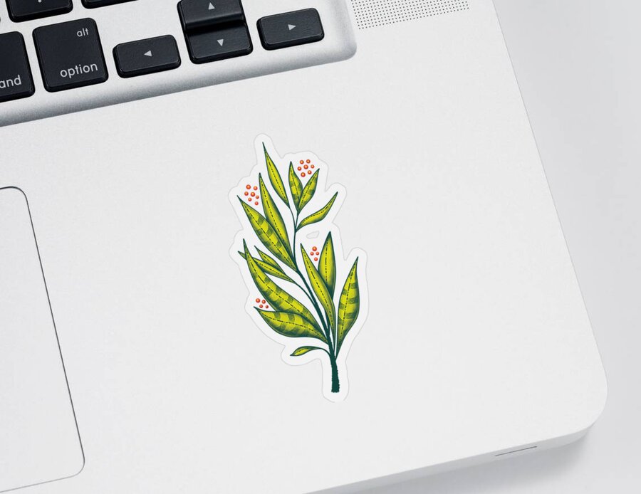 Green Sticker featuring the digital art Abstract green plant with decorative leaves and berries by Boriana Giormova