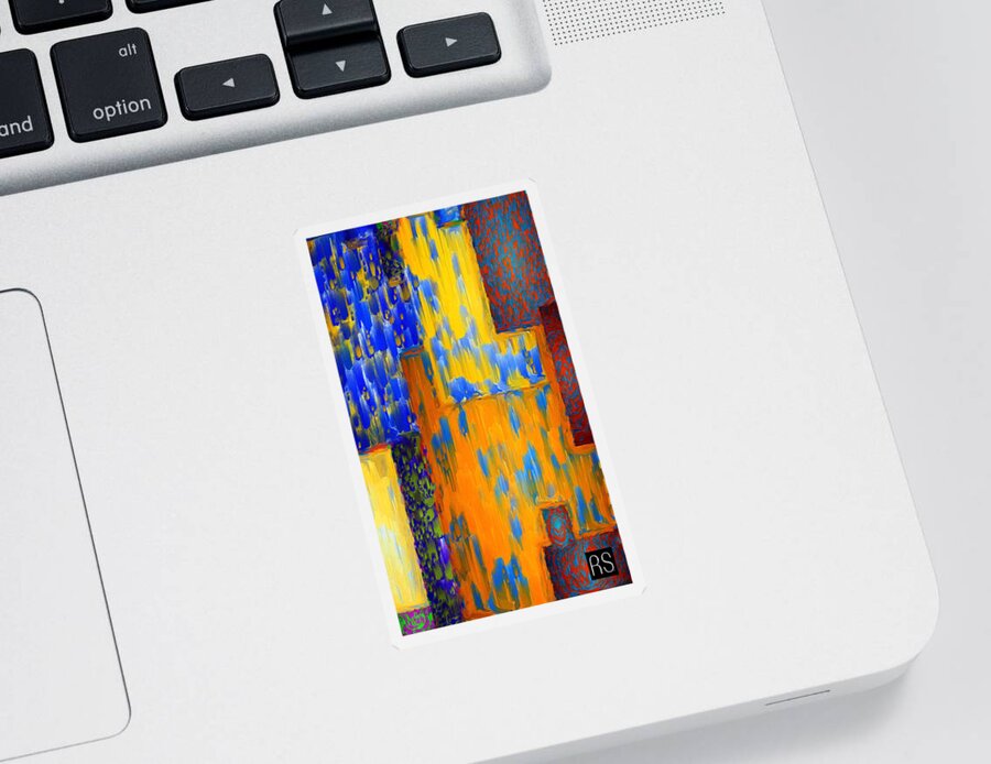 Abstract Sticker featuring the painting Abstract in Blue Orange Red Yellow by Rafael Salazar