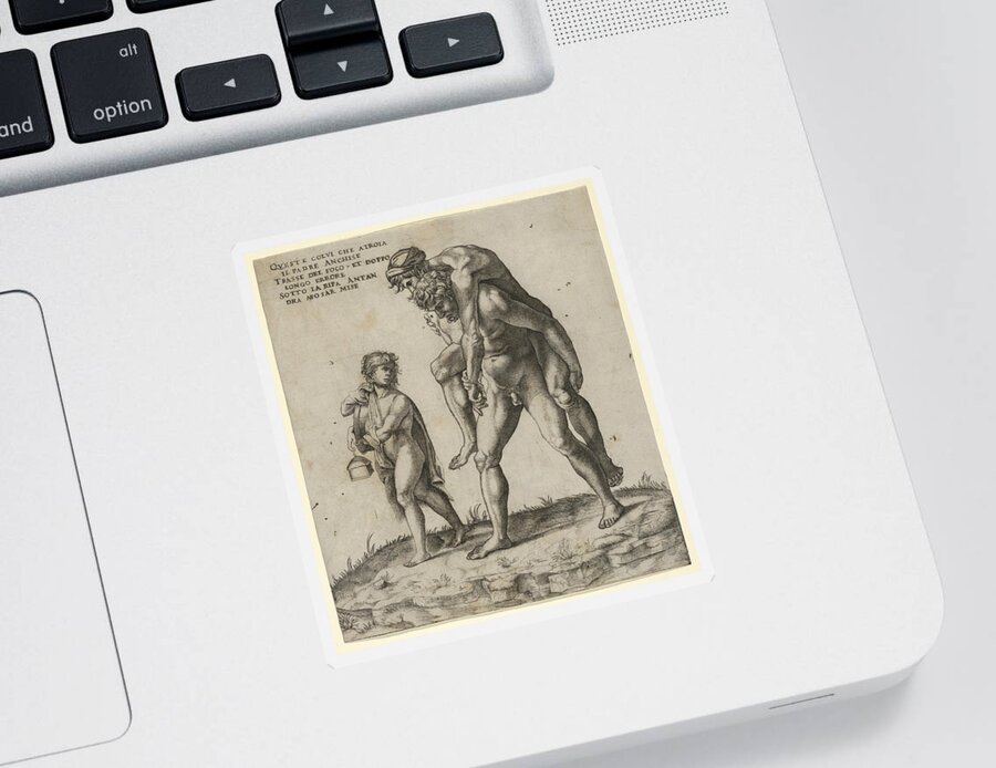 Giovanni Jacopo Caraglio Sticker featuring the drawing Aeneas rescuing Anchises, a young boy carrying a lantern at left by Giovanni Jacopo Caraglio