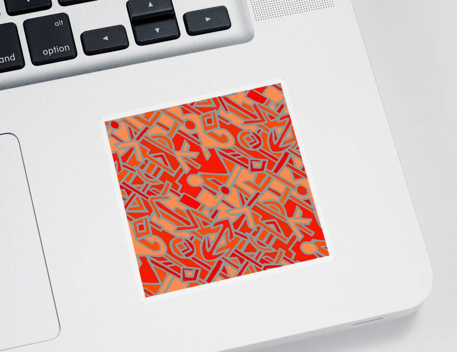 African Graphic Design Inspired From Tribal Textiles By Virginia Vivier Sticker featuring the digital art African BaKuba - Scarlet Orange Gray by Vagabond Folk Art - Virginia Vivier