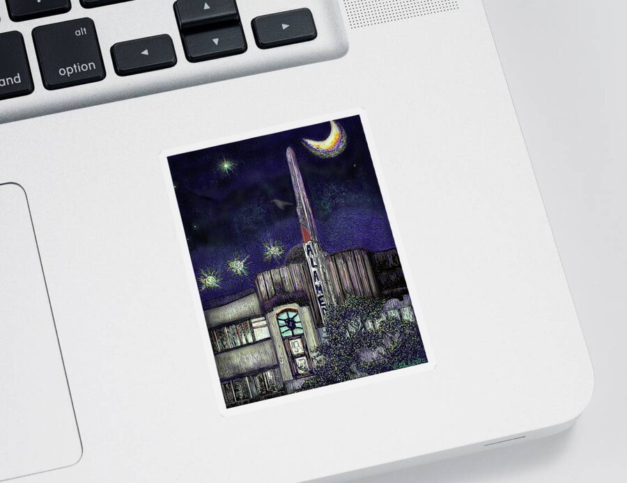 Alameda Sticker featuring the digital art Alameda Theater at Night by Angela Weddle