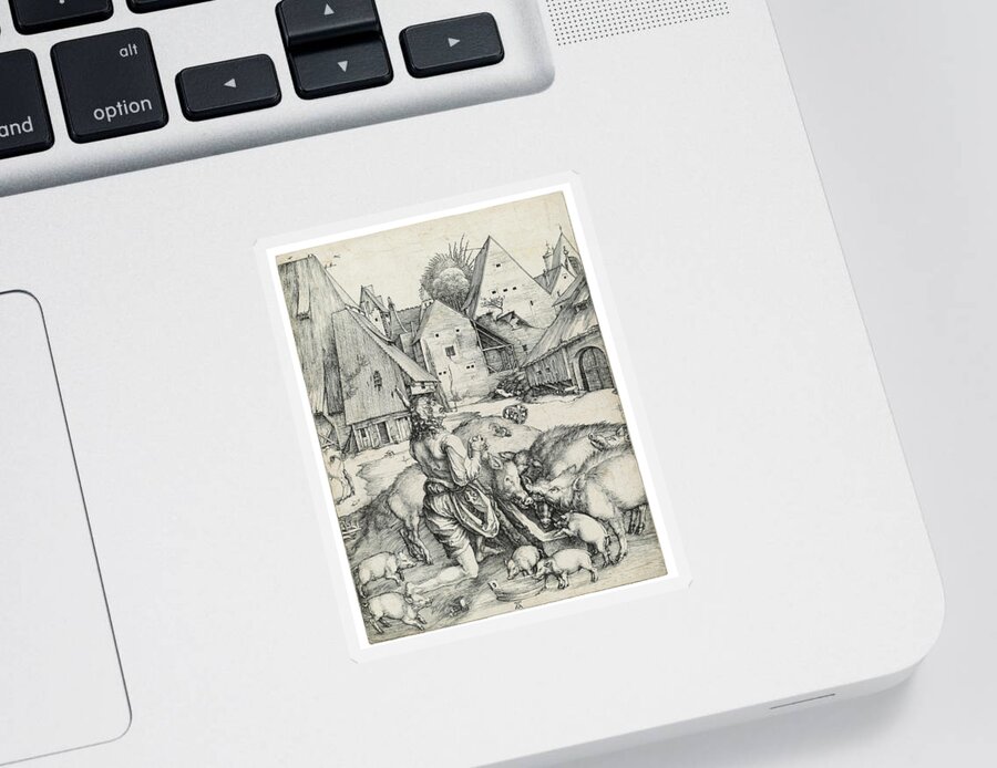 Albrecht Sticker featuring the painting ALBRECHT DURER The Prodigal Son by MotionAge Designs