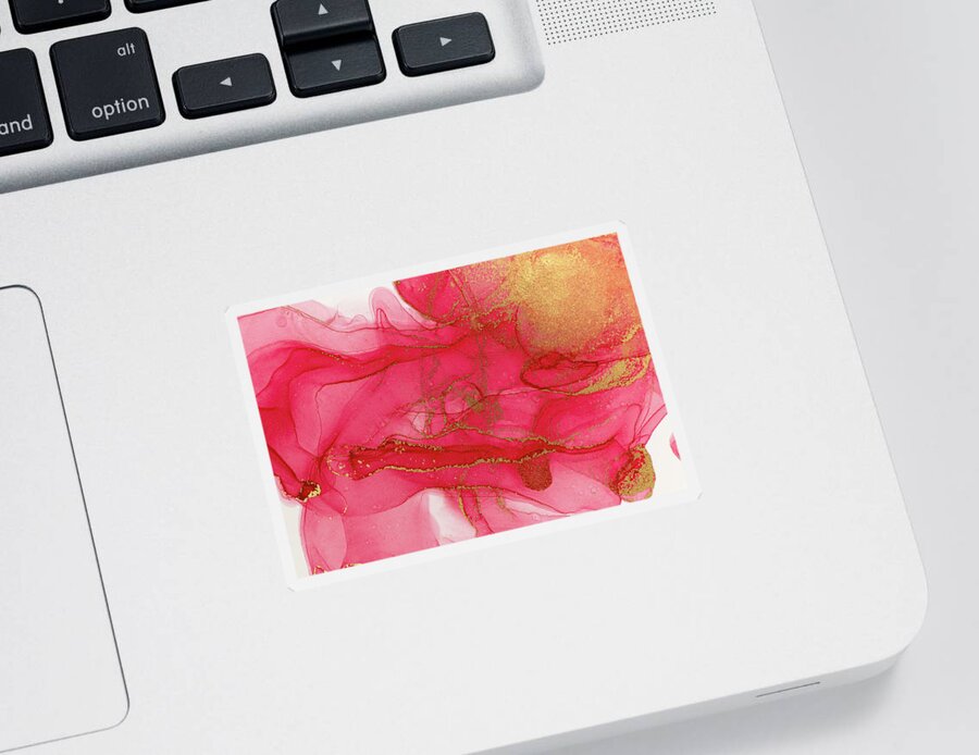 Pink Sticker featuring the painting Alcohol ink Red Pink and gold abstract background. Ocean Crystal water by Tony Rubino