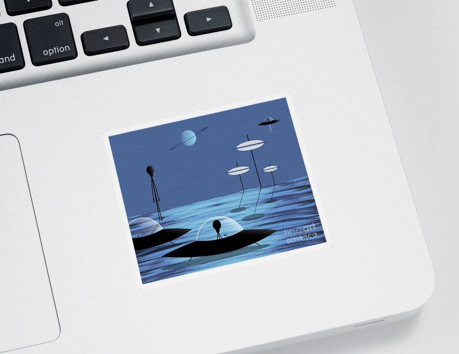 Mid Century Modern Sticker featuring the digital art Aliens Blue Sky by Donna Mibus