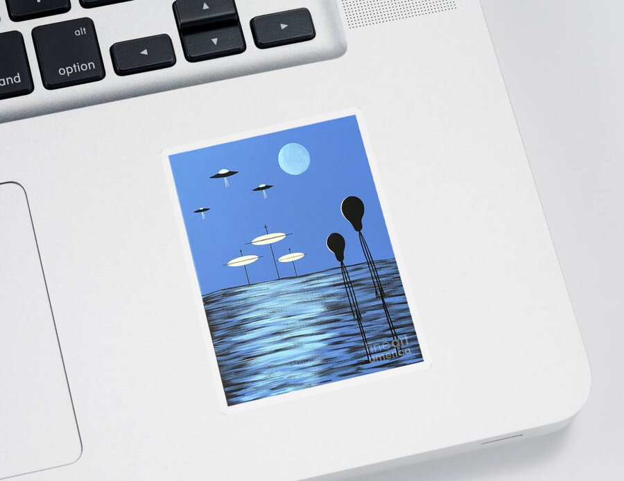 Retro Sticker featuring the painting Space Aliens on Blue Planet by Donna Mibus
