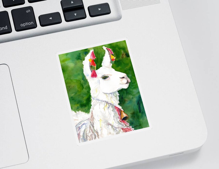 Alpaca Sticker featuring the painting Alpaca with Attitude by Carlin Blahnik CarlinArtWatercolor