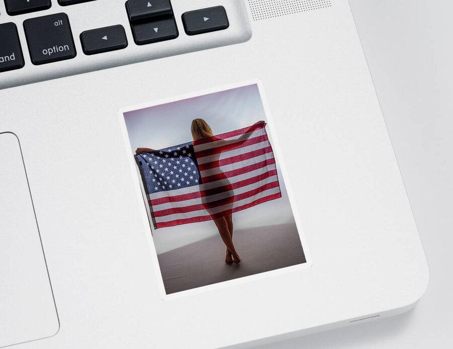 Flag Sticker featuring the photograph American Flag and Girl by James C Richardson
