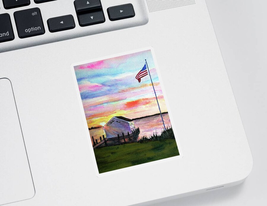 American Flag Sticker featuring the painting American Flag at Sunset by Carlin Blahnik CarlinArtWatercolor