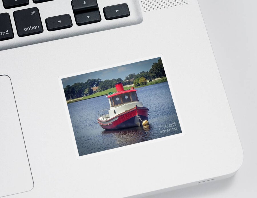 Gold Course Sticker featuring the photograph An Anchored Red White And Blue Tugboat by Philip And Robbie Bracco