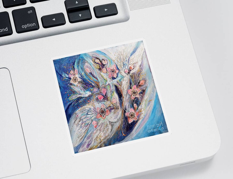 Angel Sticker featuring the painting Angel Wings #22. The Blossoming on Blue by Elena Kotliarker