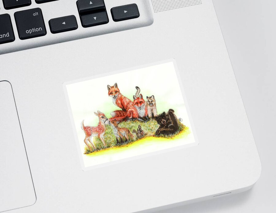 Red Fox Sticker featuring the drawing Animal Family by Scarlett Royale