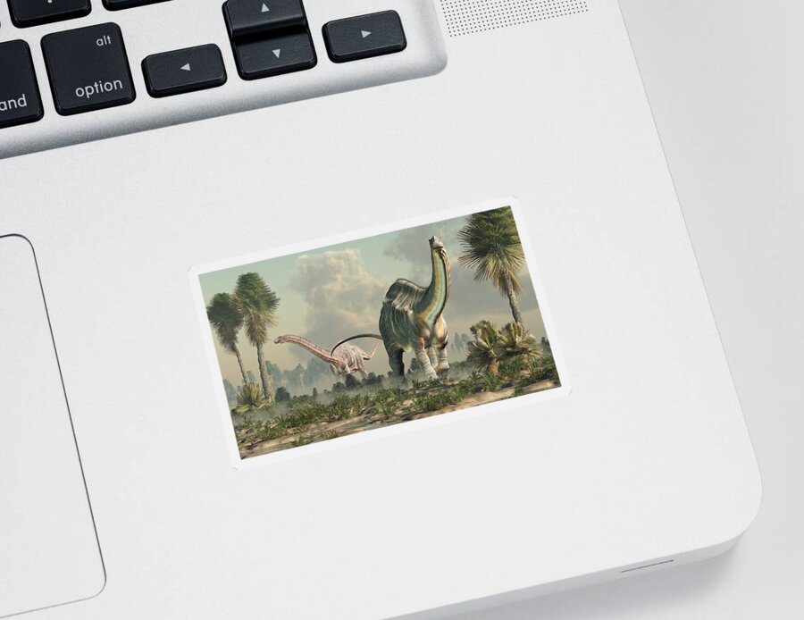 Apatosaurus Sticker featuring the digital art Apatosauruses in a Wetland by Daniel Eskridge