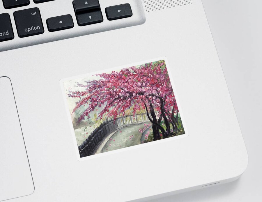 Paris Sticker featuring the painting April in Paris Cherry Blossoms by Roxy Rich