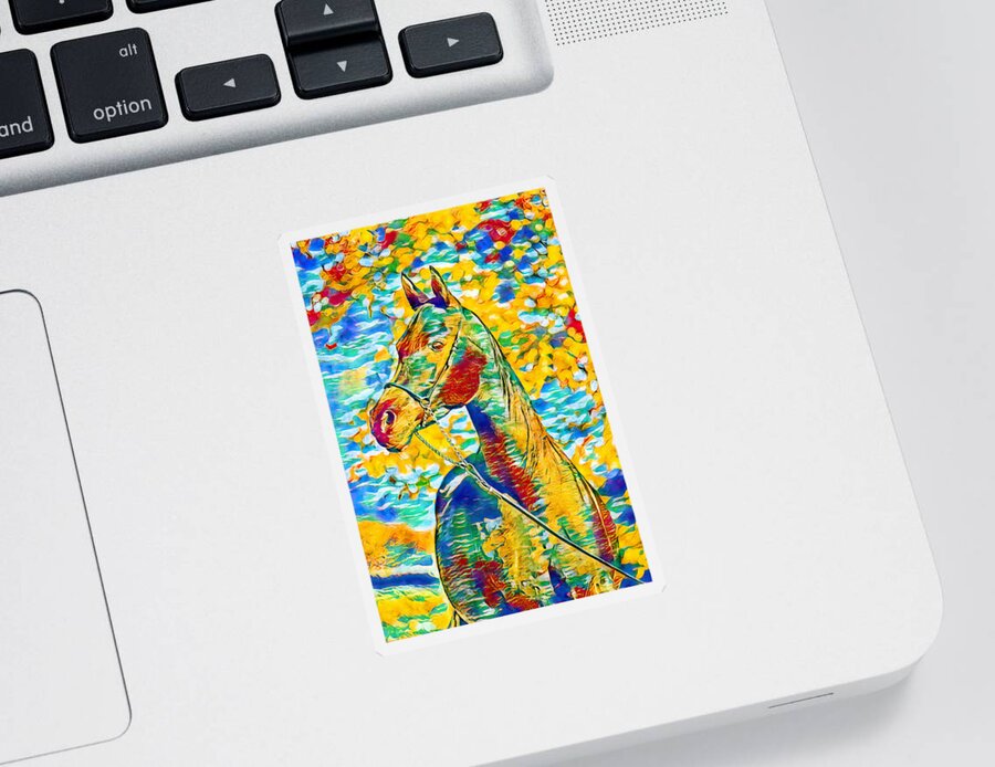 Arabian Horse Sticker featuring the digital art Arabian horse colorful portrait in blue, cyan, green, yellow and red by Nicko Prints