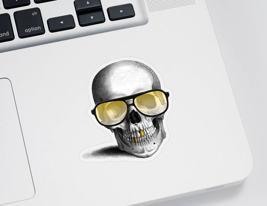 Gold Teeth Sticker featuring the digital art Skull with gold teeth and sunglasses by Madame Memento