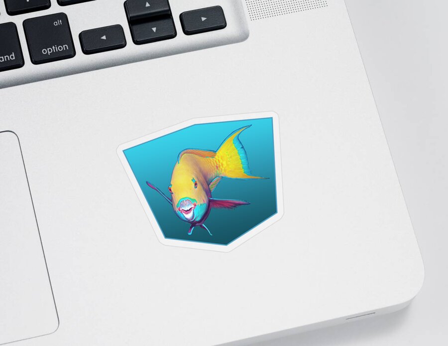 Heavybeak Parrotfish Sticker featuring the mixed media Parrotfish - Brightly colored on gradient blue background - by Ute Niemann