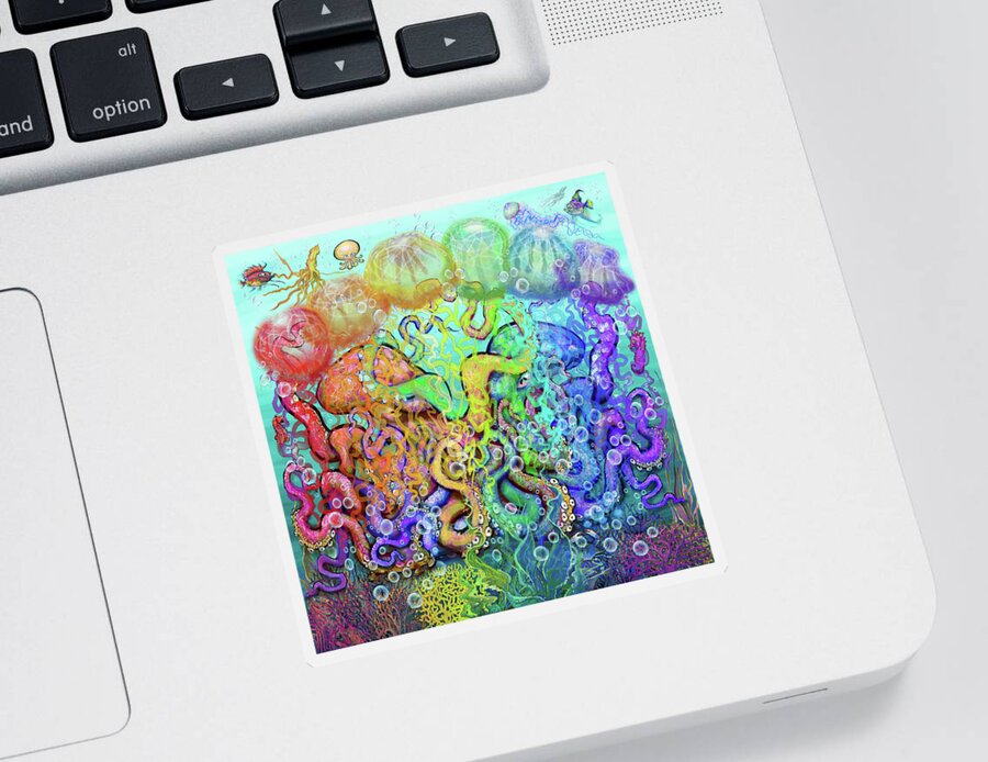 Octopi Sticker featuring the digital art Twisted Rainbow of Tentacles by Kevin Middleton