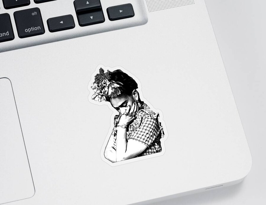 Frida Kahlo Sticker featuring the digital art Frida Kahlo in black and white by Madame Memento