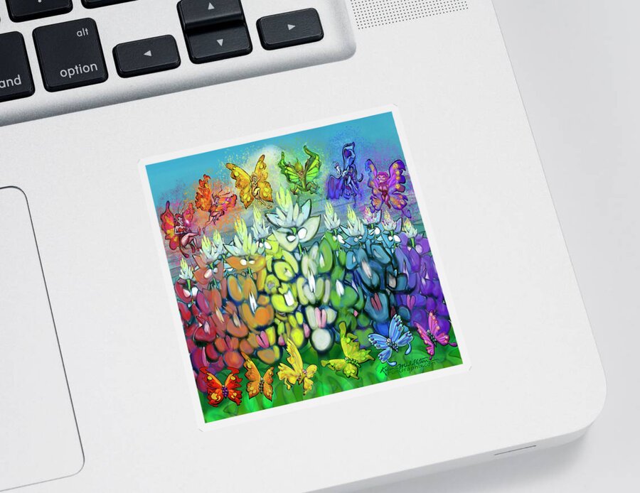 Rainbow Sticker featuring the digital art Rainbow Bluebonnets Scene w Pixies by Kevin Middleton