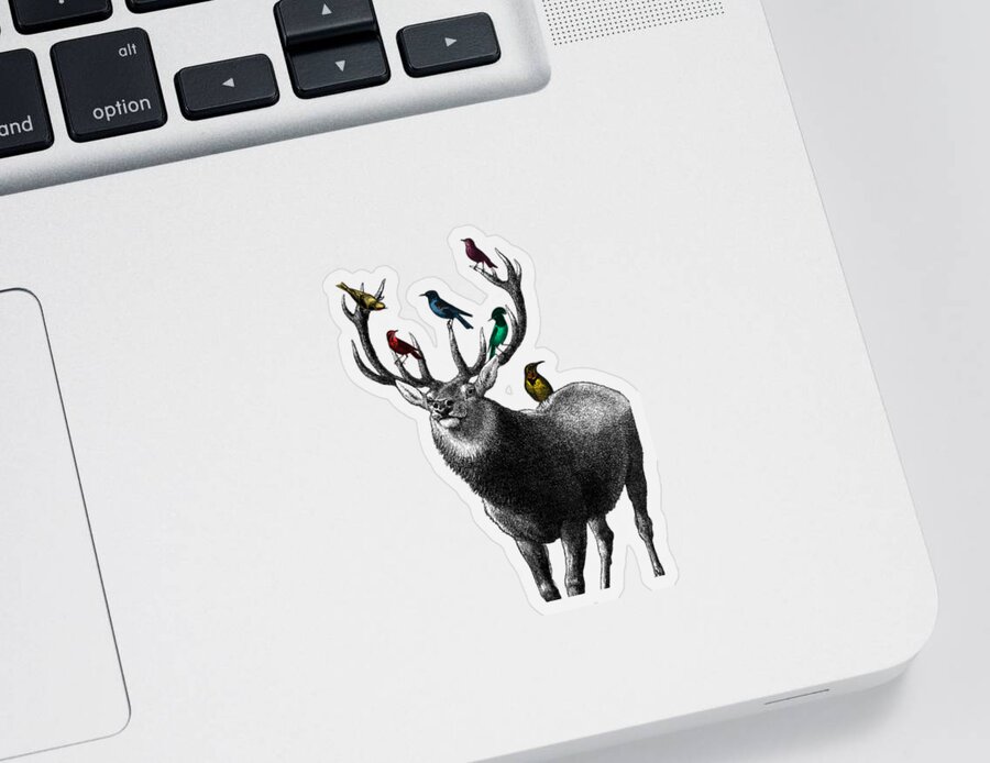 Deer Sticker featuring the digital art Deer Bird Decor by Madame Memento