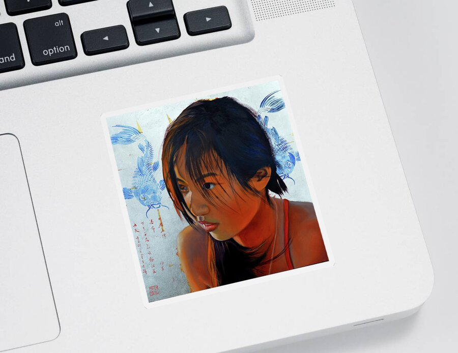 Portrait Painting Sticker featuring the painting At the beach by Thu Nguyen