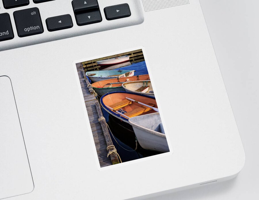Acadia Sticker featuring the photograph At The Dock. Row Boats In Southwest Harbor, Maine by Jeff Sinon