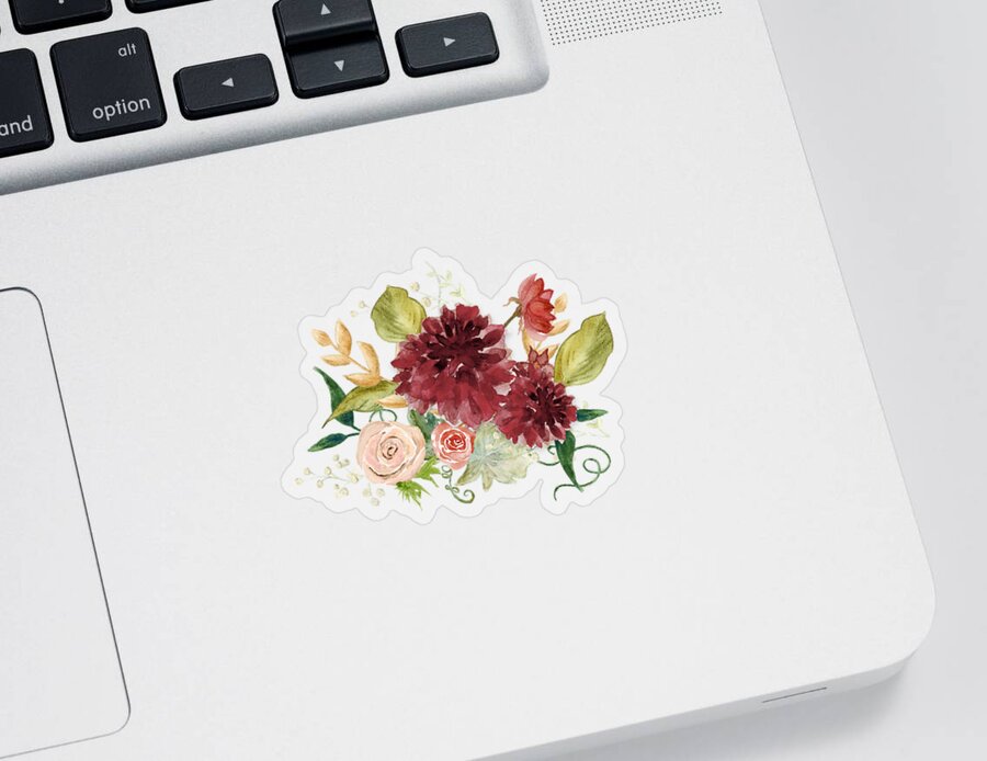 Modern Bohemian Floral Sticker featuring the painting Autumn Fall Burgundy Blush Floral Butterfly w Foliage Greenery by Audrey Jeanne Roberts