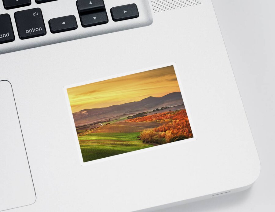 Autumn Sticker featuring the photograph Autumn in Tuscany, rolling hills and woods. Santa Luce by Stefano Orazzini