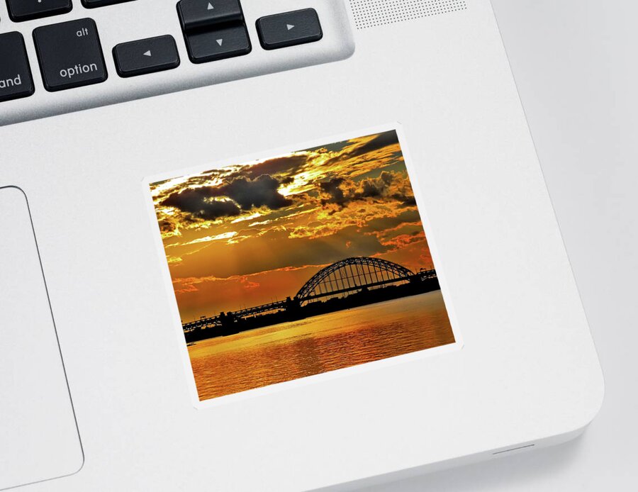 Sunset Sticker featuring the photograph Autumn Sunset Behind Tacony-Palmyra Bridge on the Delaware by Linda Stern