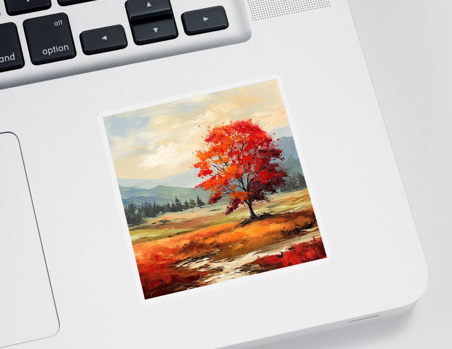 Yellow Sticker featuring the painting Autumn's Tranquility - Red Maple Paintings by Lourry Legarde